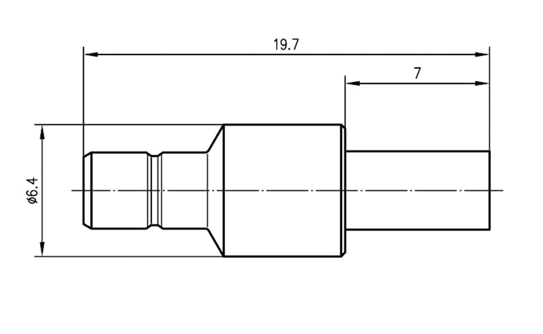 Technische Zeichnung eines zylindrischen Bauteils mit Maßen: Länge 19,7 mm, Durchmesser 6,4 mm auf der linken Seite, rechter Abschnitt 7 mm.