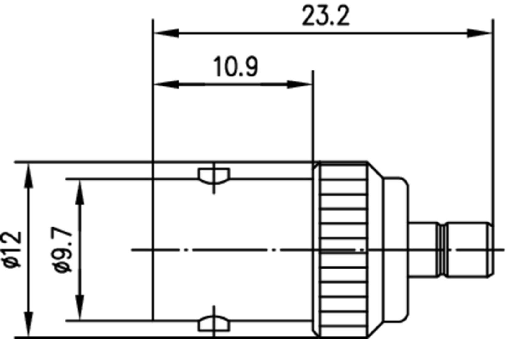 Technische Zeichnung eines zylindrischen Steckers mit Maßen: Gesamtlänge 23,2 mm, Durchmesser 12 mm, Innenmaß 10,9 mm, anderer Durchmesser 9,7 mm.