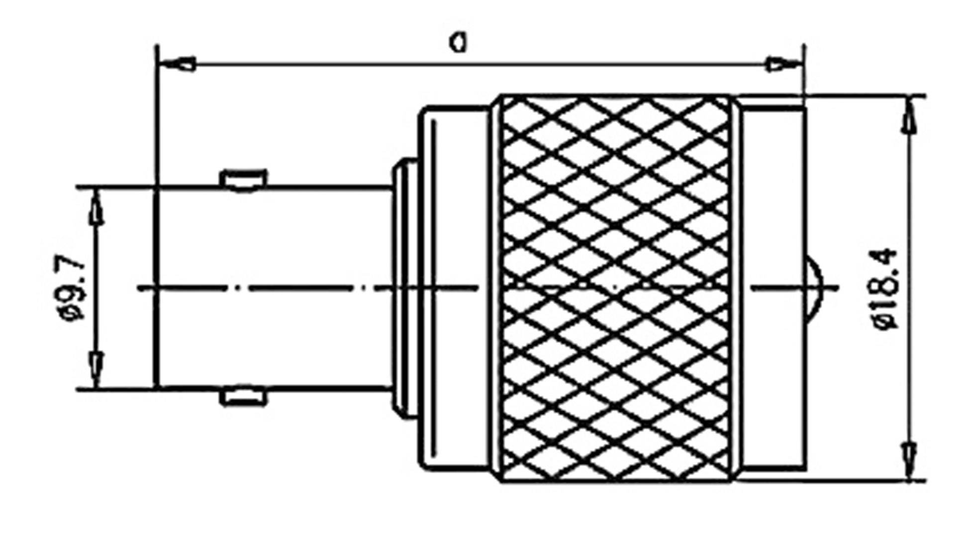 Technische Zeichnung eines Steckverbinders mit Maßen: Länge 'a', Durchmesser 9,7 mm und 18,4 mm. Gitterstruktur ersichtlich.