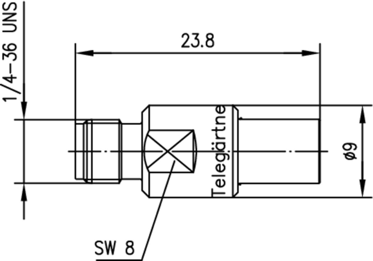 Technische Zeichnung eines zylindrischen Steckers mit Abmessungen. Länge: 23,8 mm, Durchmesser: 9 mm. Seitenansicht mit Beschriftung 'Telegärtner'.