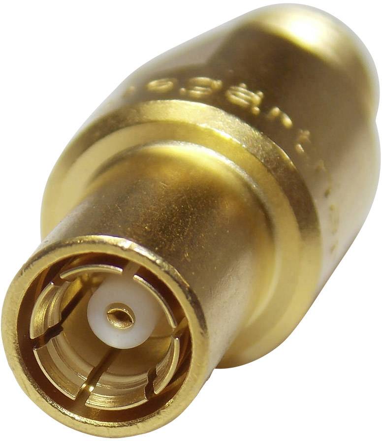 Ein goldener elektrischer Stecker mit zylindrischer Form und zentralem weißen Kontakt, verwendet für spezielle Audio- oder Videoverbindungen.