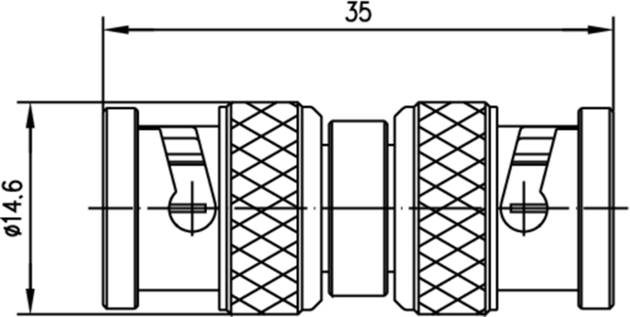Technische Zeichnung eines Zylinderstiftes mit gerändelten Muttern, Länge 35 mm, Durchmesser 14,6 mm, geschnittene Ansicht links.