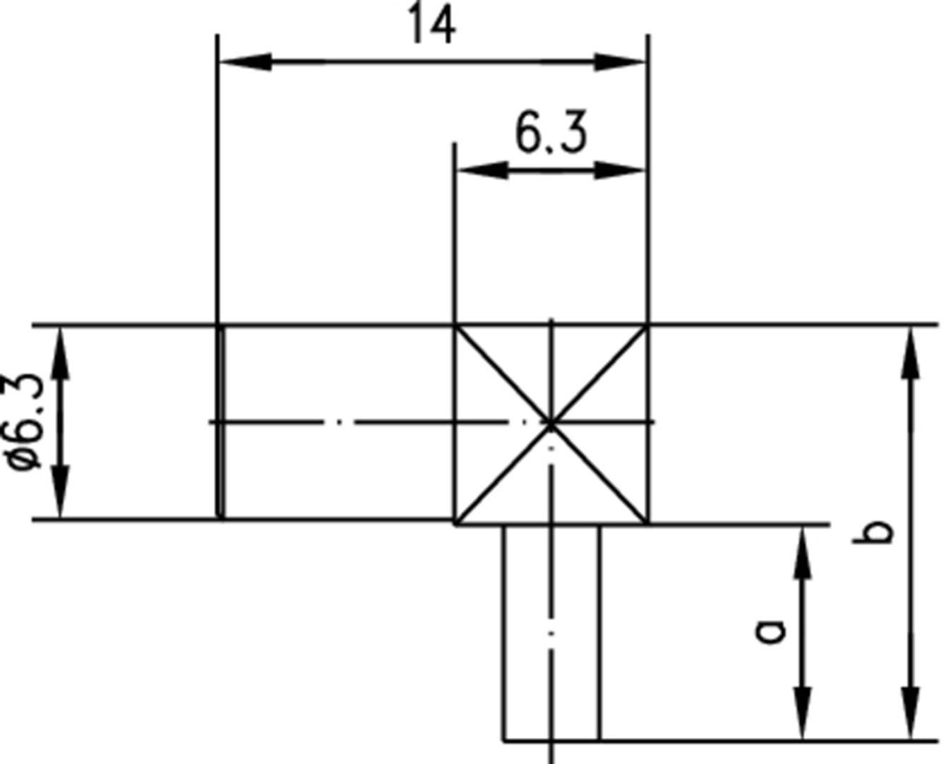 Technische Zeichnung eines Bauteils mit Bemaßungen: Durchmesser 6,3, Länge 14, Rechteck mit Maßen a und b.