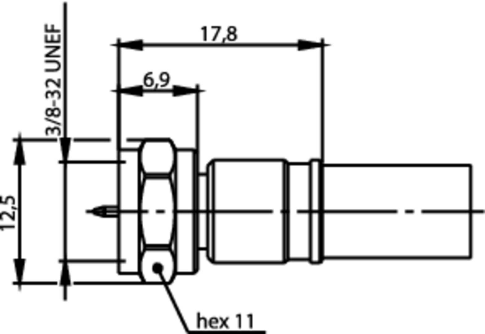 Technische Zeichnung einer Sechskantmutter mit angegebenen Maßen: 17,8 mm Länge, 12,5 mm Breite, M6,9 und Gewinde 3/8-32 UNEF.