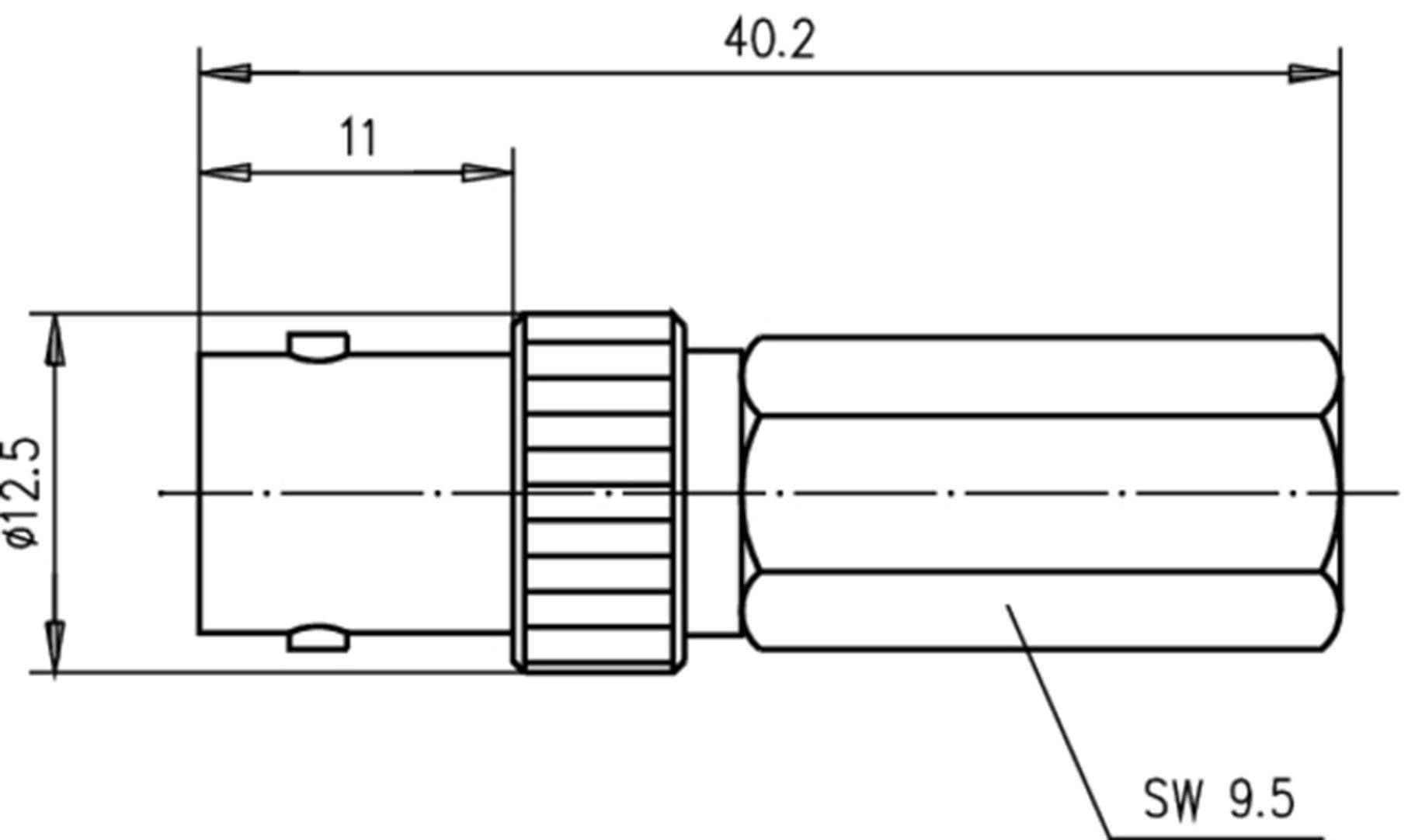 Technische Zeichnung eines zylindrischen Bauteils mit Maßen: Länge 40,2 mm, Durchmesser 12,5 mm, Sechskantschlüsselweite 9,5 mm.