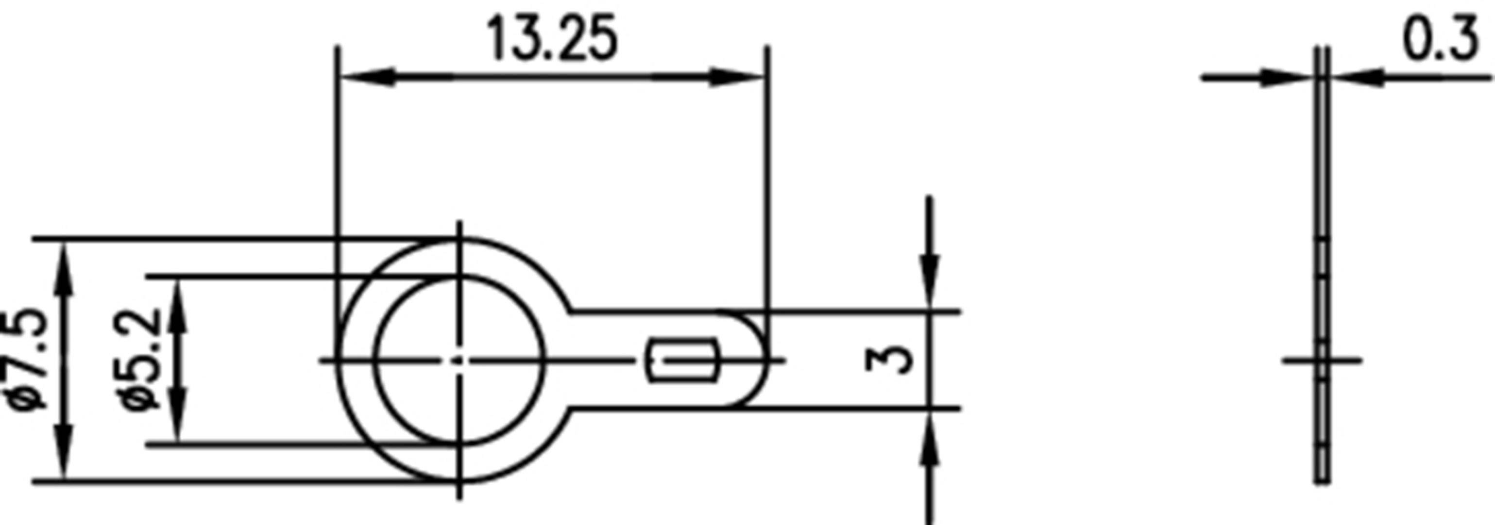 Technische Zeichnung eines Bauteils mit den Maßen: Länge 13,25, Breite 7,5, Lochdurchmesser 5,2, Dicke 0,3, Höhe 3.
