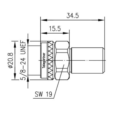 Technische Zeichnung eines Steckers mit Abmessungen: Länge 34,5 mm, Breite 15,5 mm, Gewinde 5/8-24 UNEF und Schlüsselweite 19.