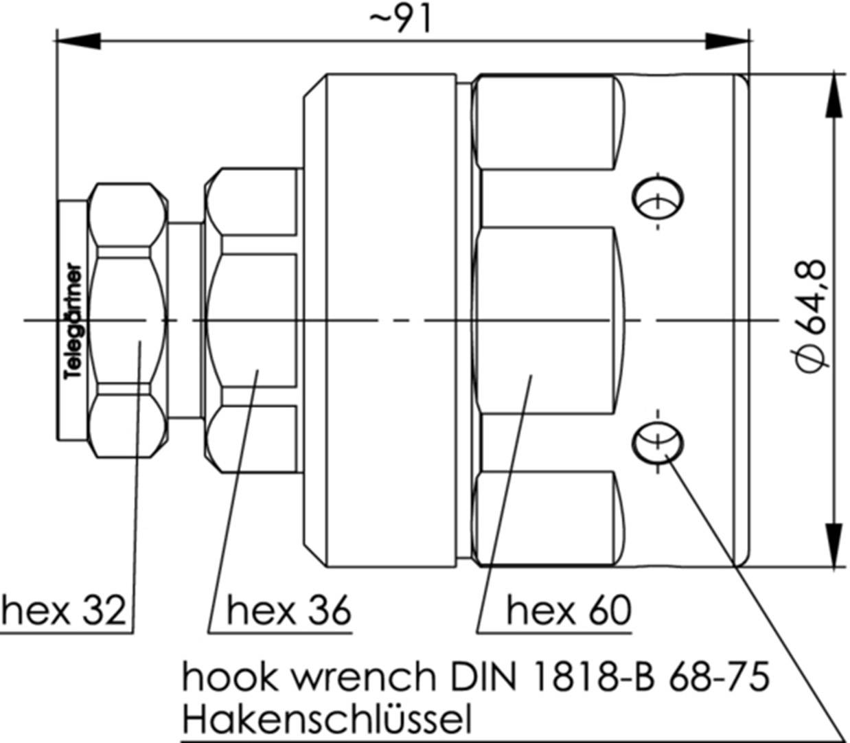 Technische Zeichnung eines Hakenschlüssels mit Maßen: Durchmesser 64,8 mm, Länge ca. 91 mm. Beschriftet mit "hook wrench DIN 1818-B 68-75".