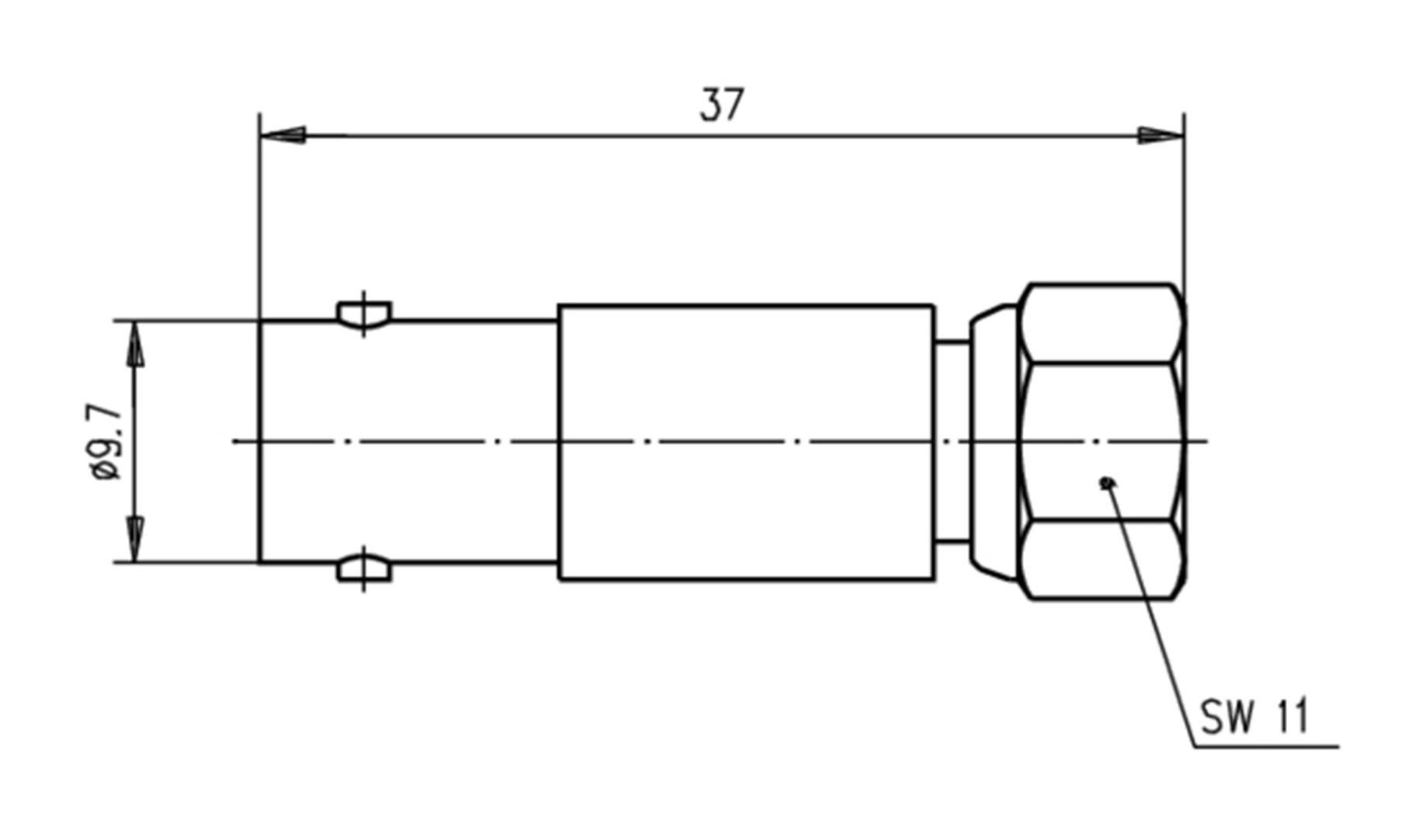 Technische Zeichnung eines zylindrischen Bauteils mit Maßen: Länge 37 mm, Durchmesser 9,7 mm, Sechskantmutter SW 11.