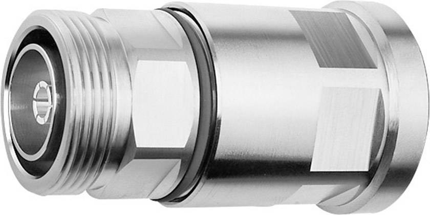 Ein silberfarbener, zylindrischer Metallstecker mit mehreren Gewinden und einem Gummiring, wahrscheinlich ein Koaxialstecker.