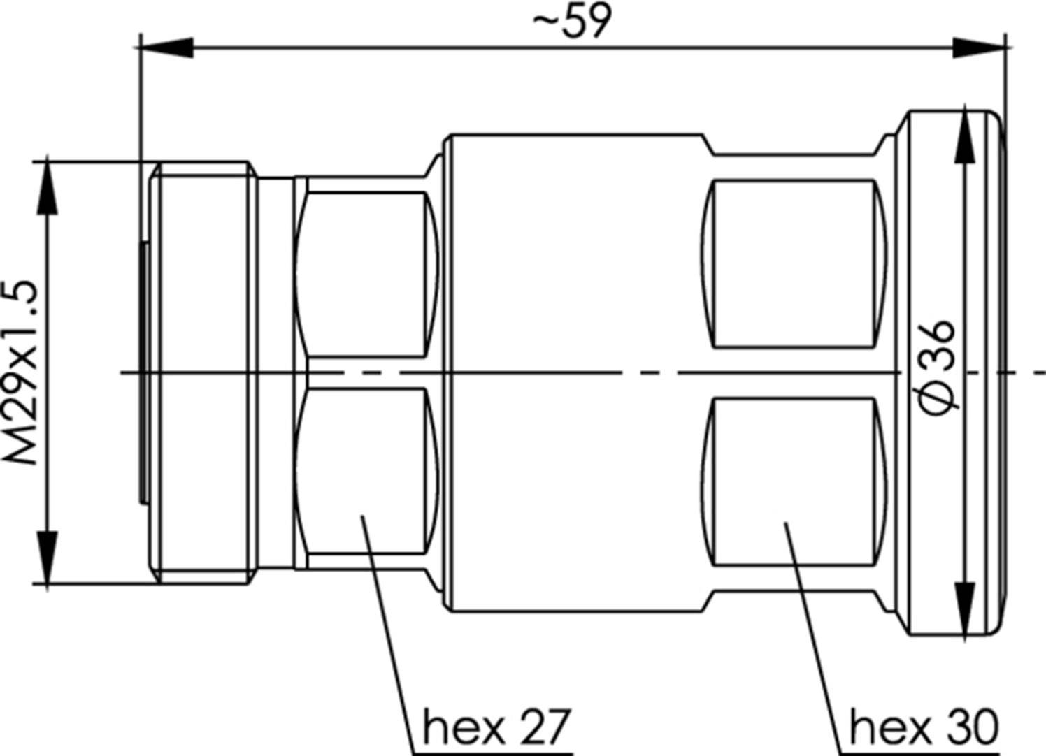 Technische Zeichnung einer zylindrischen Verbindung mit zwei Sechskantköpfen; Maße: M29x1,5 Gewinde, Länge ca. 59 mm, Durchmesser 36 mm, Sechskantgröße 27 und 30 mm.