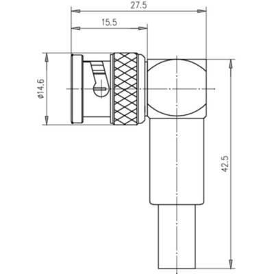 Technische Zeichnung eines Steckverbinders mit Bemaßungen: Länge 27,5 mm, Gesamthöhe 42,5 mm, Durchmesser 14,6 mm und Details.