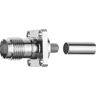 Metall-Stecker mit zylindrischem Anschlussteil; Schraublöcher zur Befestigung; Kabelendstück separat rechts daneben.