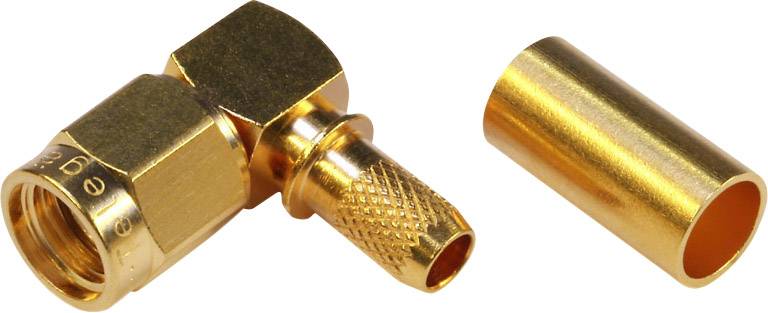 Goldener Koaxial-Stecker und eine separate Metallhülse, die zusammengehören. Sie werden üblicherweise für Kabelverbindungen genutzt.