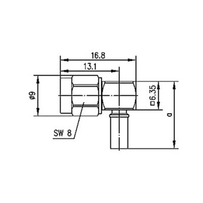 Technische Zeichnung eines Anschlussstücks mit Maßangaben: 16,8 mm lang, 9 mm breit, Schlüsselweite 8 mm, innen 13,1 mm.