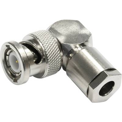Ein metallischer BNC-Stecker in L-Form zeigt die Koaxialanschlussseite. Der Stecker hat ein gerändeltes Element zur besseren Griffweite.
