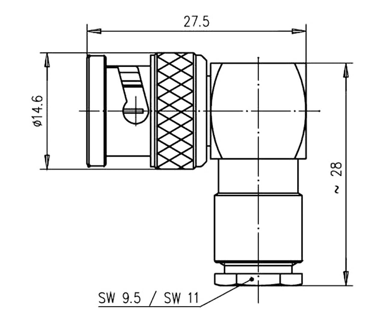Technische Zeichnung eines rechtwinkligen Steckverbinders mit Bemaßungen: Höhe 28 mm, Breite 27,5 mm, Durchmesser 14,6 mm.
