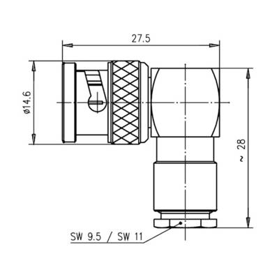 Technische Zeichnung eines rechtwinkligen Steckverbinders mit Bemaßungen: Höhe 28 mm, Breite 27,5 mm, Durchmesser 14,6 mm.