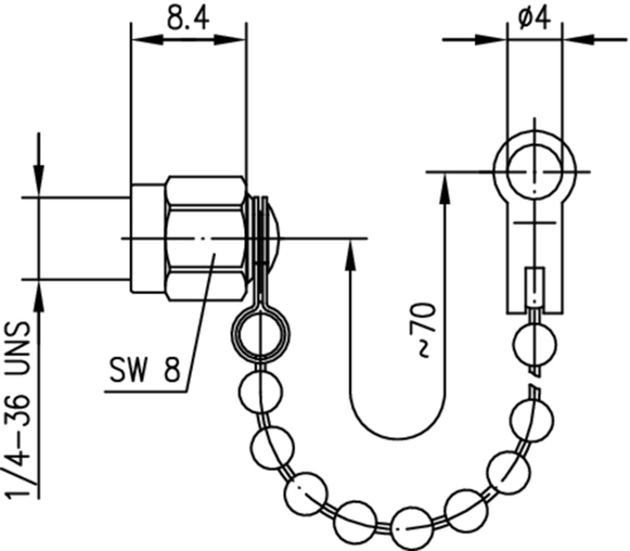 Technische Zeichnung einer Kettensicherung mit Angaben zu Maßen: 8,4 mm Breite, Durchmesser 4 mm, Länge ca. 70 mm, Gewinde 1/4-36 UNS.