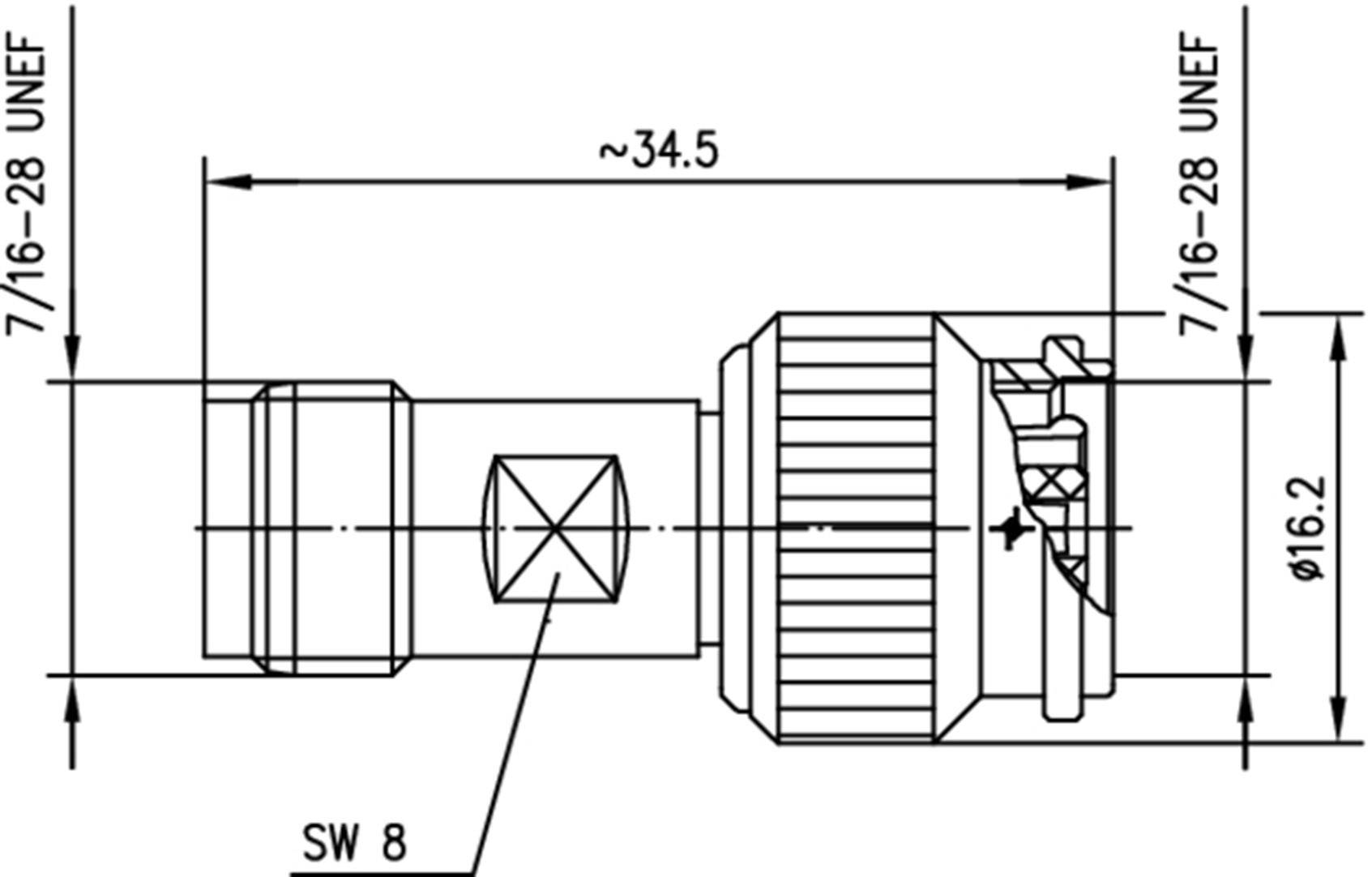 Technische Zeichnung eines zylindrischen Adapters mit Gewinde 7/16-28 UNEF, Gesamtlänge ca. 34,5 mm, SW 8 bezeichnet.