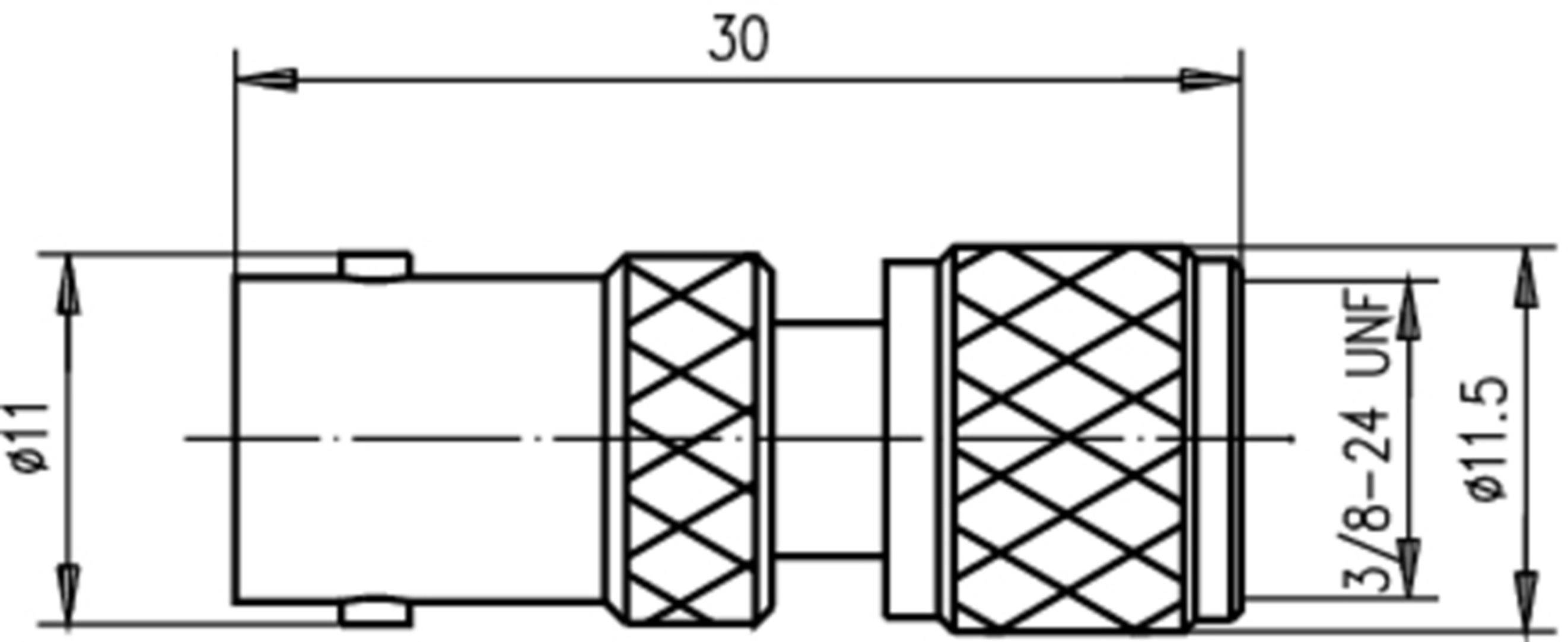 Technische Zeichnung eines zylindrischen Verbindungsstücks mit Abmessungen: Länge 30 mm, Durchmesser 11 mm, Gewinde 3/8-24 UNF.