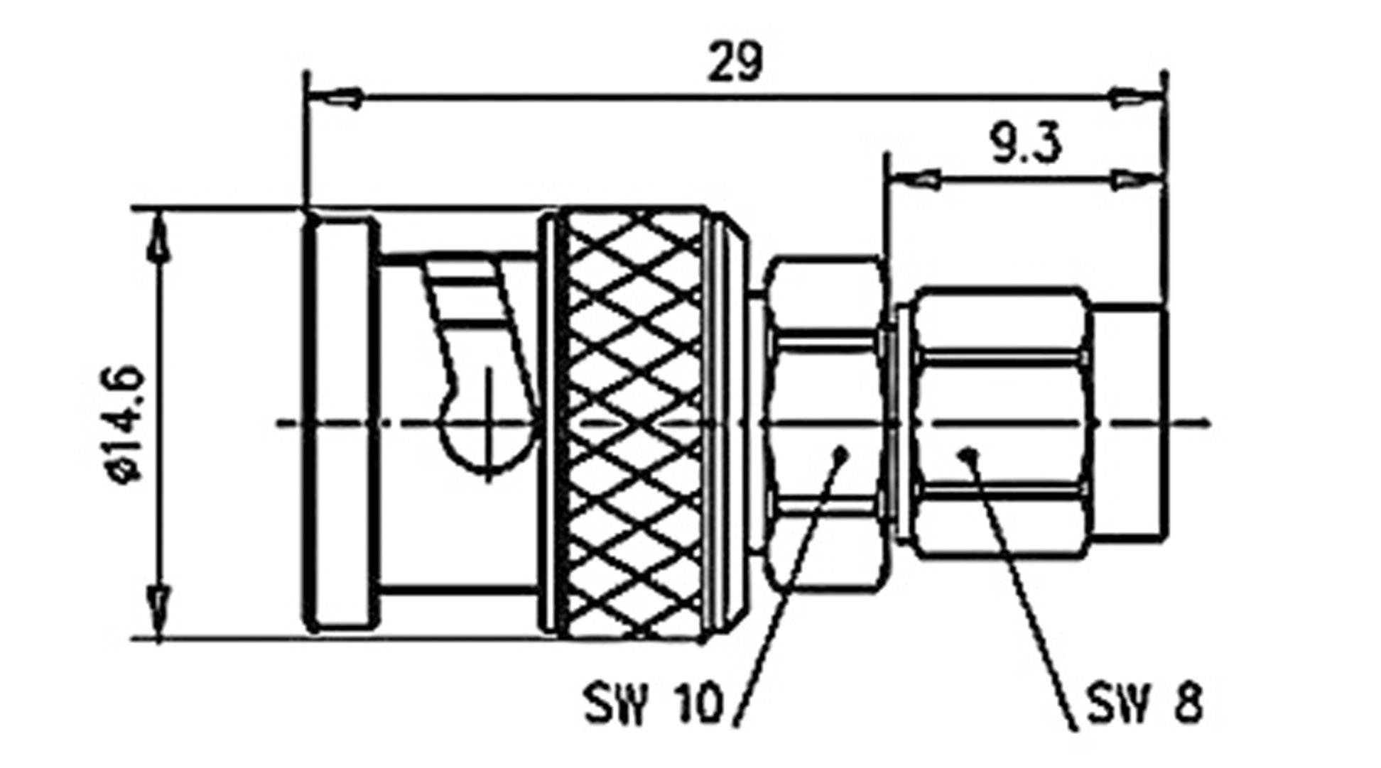 Technische Zeichnung eines Steckverbinders mit Maßen: Länge 29 mm, Durchmesser 14,6 mm. Markierungen für SW 10 und SW 8.
