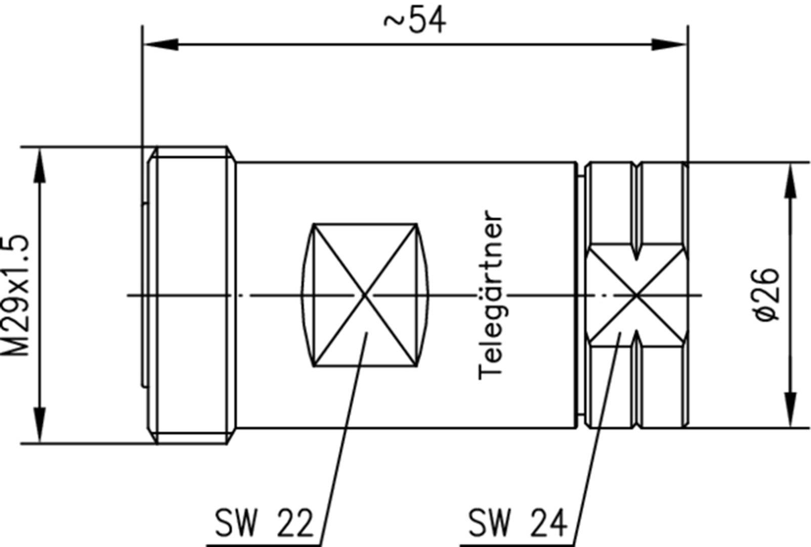 Technische Zeichnung eines zylindrischen Bauteils. Maße: Länge ca. 54 mm, Durchmesser 26 mm, Gewinde M29x1.5. Schraubenschlüsselbreiten: 22 und 24 mm.