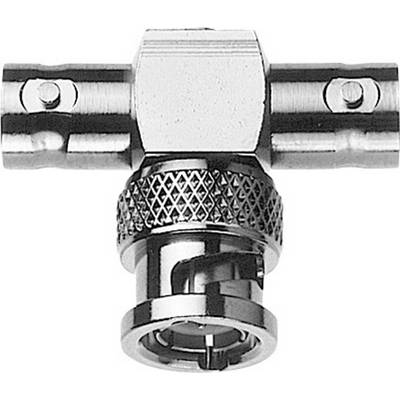 Ein Metall-T-Stück, das als Koaxialkabeladapter dient, mit einem BNC-Stecker in der Mitte und zwei seitlichen Steckanschlüssen.