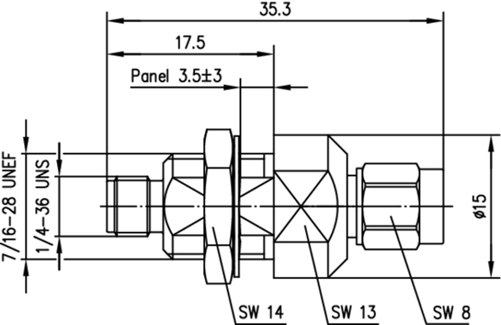 Technische Zeichnung eines Steckverbinders mit Maßen. Hauptmerkmale: Durchmesser 15 mm, Gewinde 7/16-28 UNEF, Paneeldicke 3,5±3 mm.