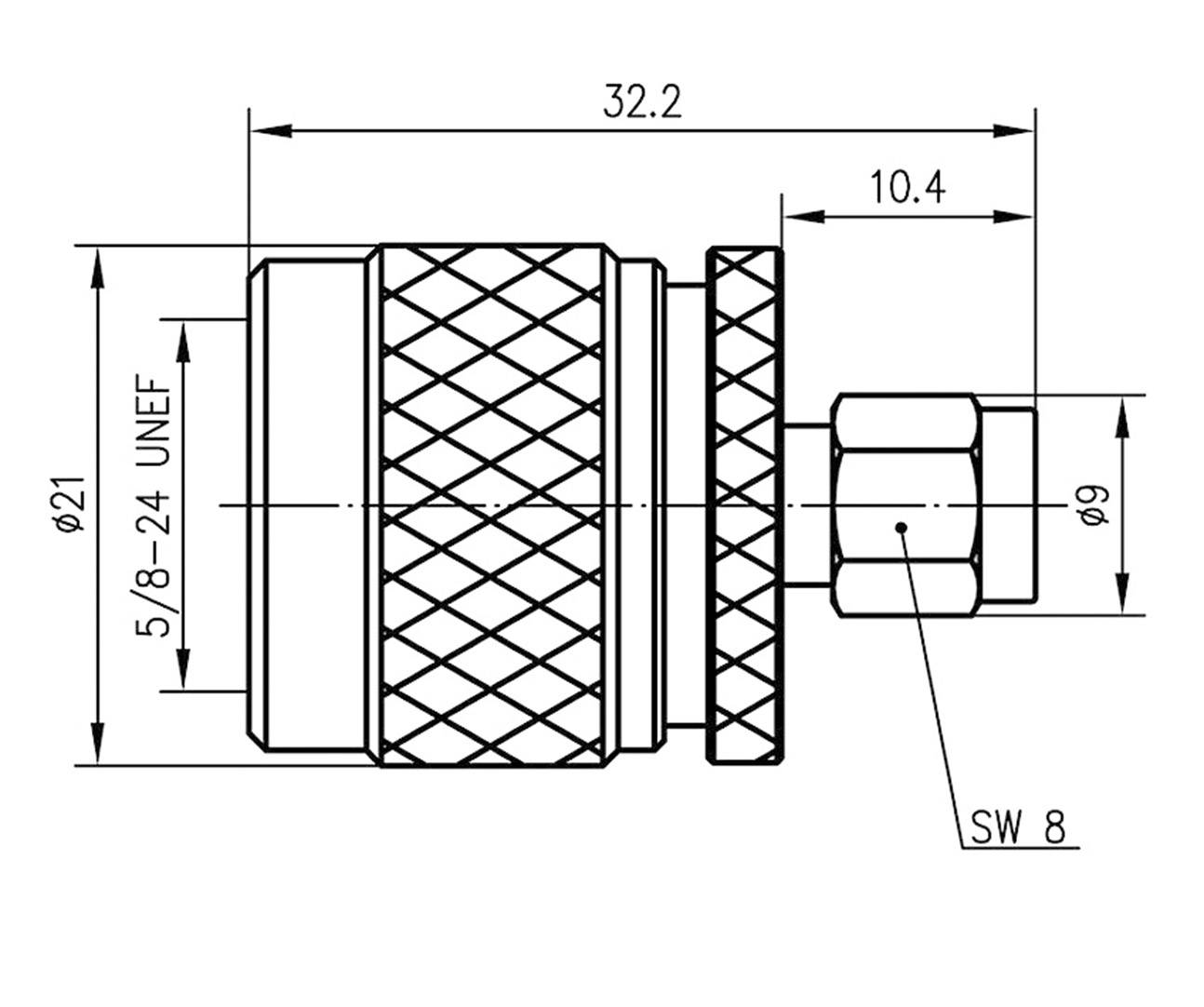 Technische Zeichnung eines Steckverbinders mit Abmessungen: Länge 32,2 mm, Ø 21 mm, Gewinde 5/8-24 UNEF, Schlüsselweite 8 mm.