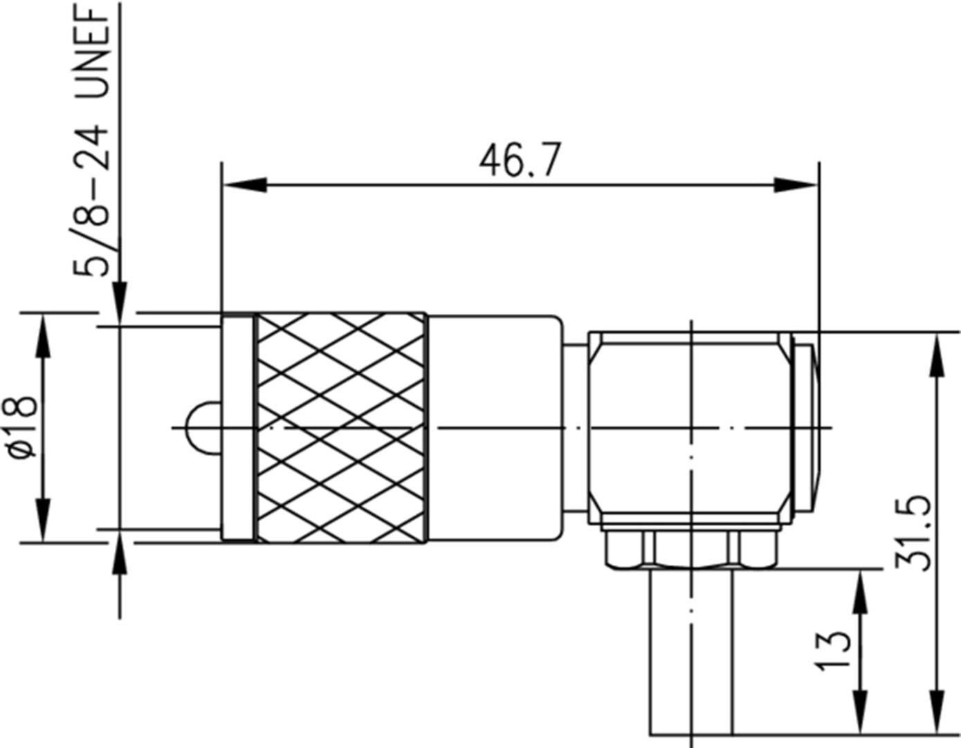Technische Zeichnung eines Adapters mit Maßangaben: Gesamtlänge 46,7 mm; Durchmesser 18 mm. Weitere wichtige Maße: 13 mm und 31,5 mm.