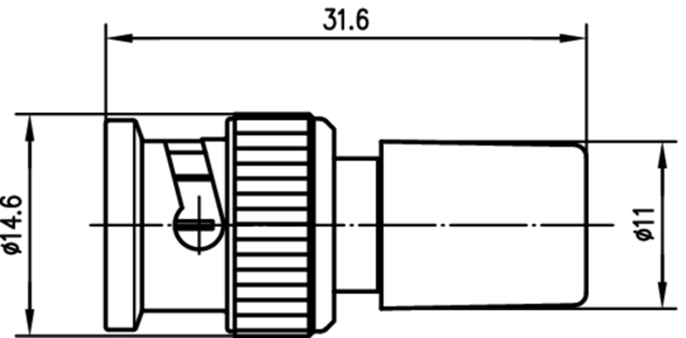 Technische Zeichnung eines Koaxialsteckers mit Abmessungen: Gesamtlänge 31,6 mm, Durchmesser 14,6 mm an der Basis und 11 mm an der Spitze.