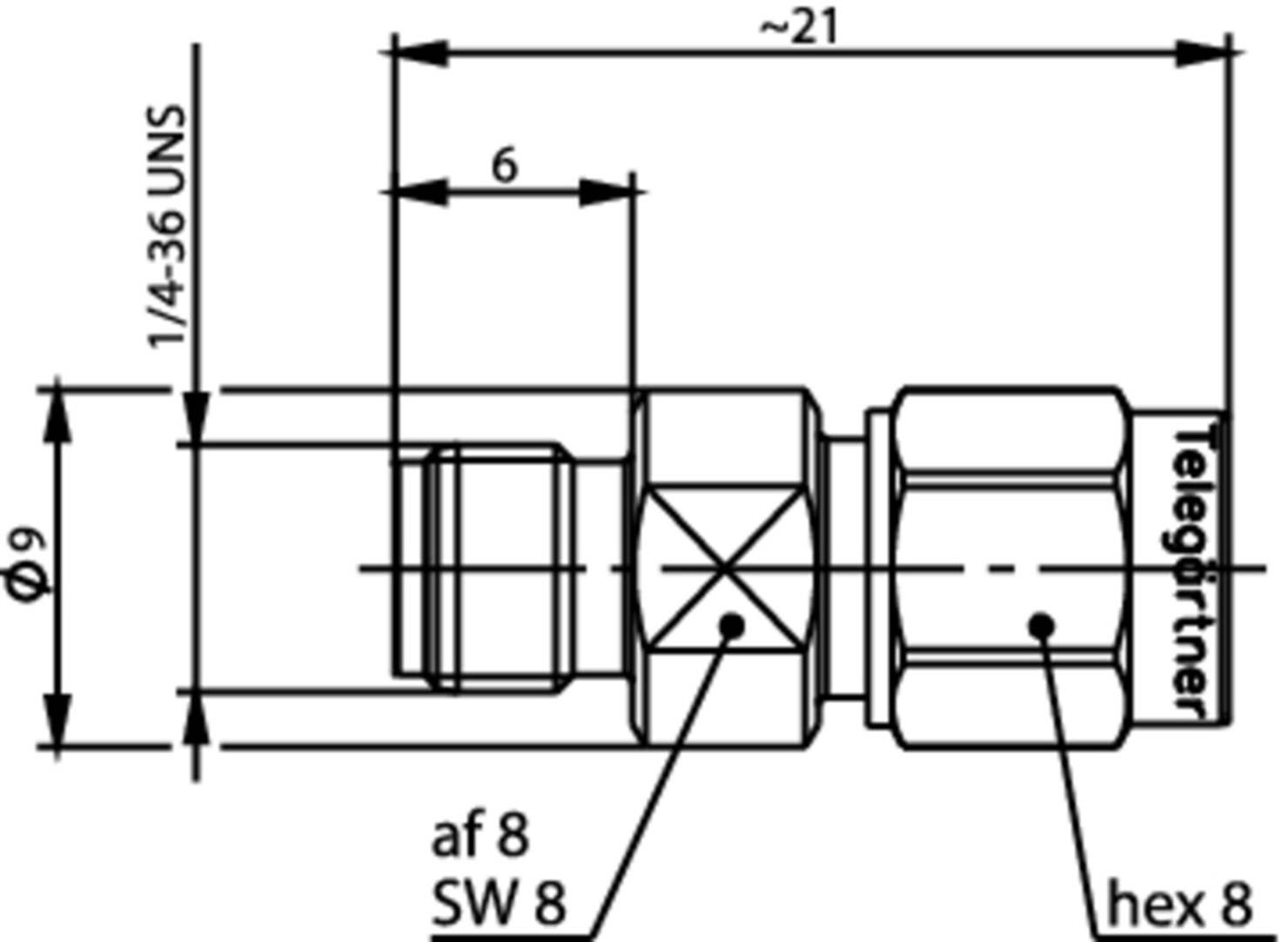 Technische Zeichnung eines Steckverbinders. Maße sind angegeben: Durchmesser 9, Länge ca. 21, Gewinde 1/4-36 UNS. Markierungen auf Acrossflanken.
