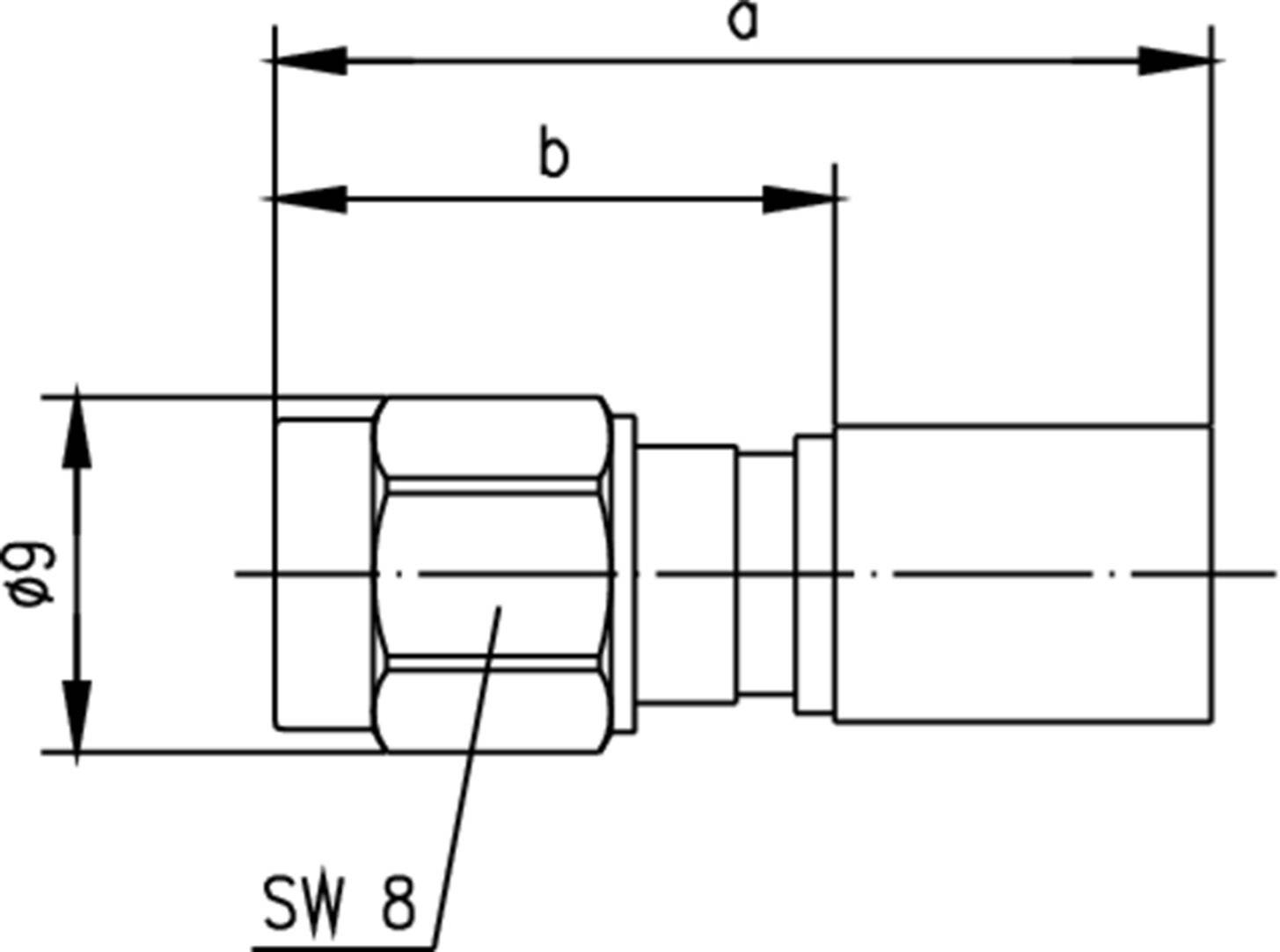 Technische Zeichnung eines Bauteils mit Maßen: Durchmesser 9 mm; Länge b und d; Schlüsselweite SW 8. Zeigt vordere und hintere Ansicht.