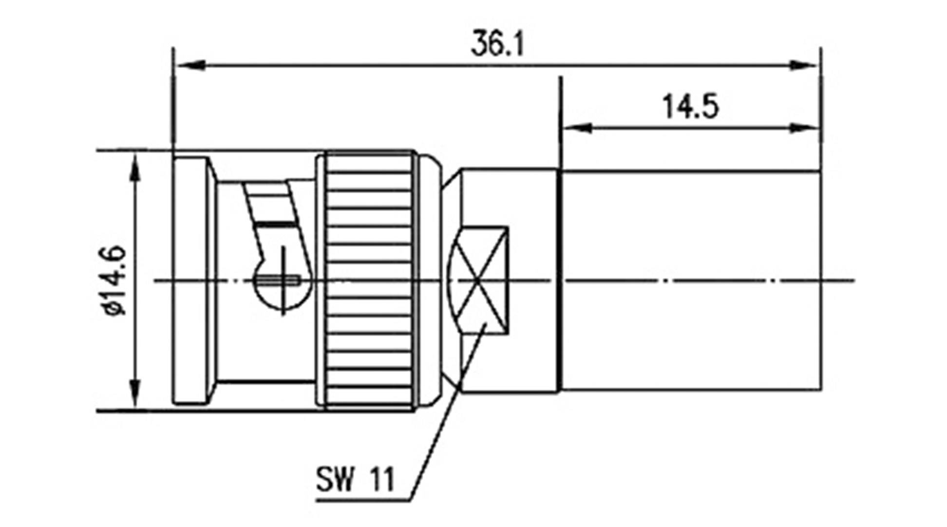Technische Zeichnung eines zylindrischen Teils mit Maßen: Länge 36,1 mm, Durchmesser 14,6 mm. Detailansicht mit Gewinde und Schlüsselweite 11 mm-Markierung.