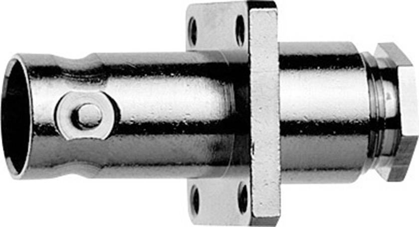 Metallischer Verbindungsstecker mit zylindrischer Form, rechteckiger Halterung und Schraubgewinde rechts.