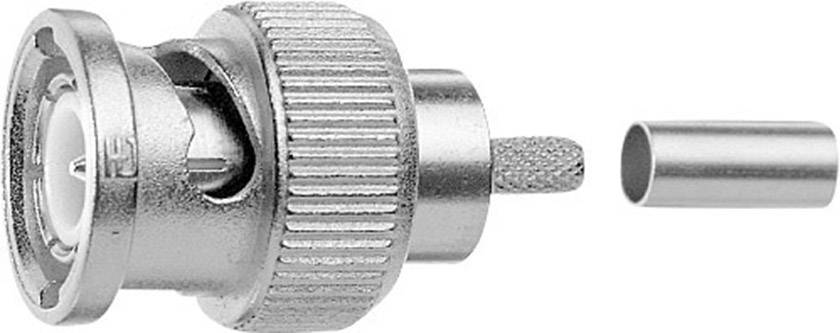 BNC-Stecker und Hülse, zeigt Anschlussmethode. Kabel wird in Stecker eingeführt und Hülse zur Fixierung verwendet.