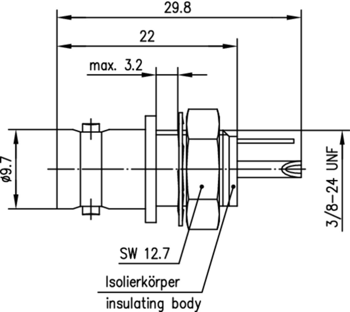 Technische Zeichnung eines Steckverbinders mit Abmessungen: Gesamtbreite 29,8 mm, max. 3,2 mm, SW 12,7 mm, Gewinde 3/8-24 UNF.