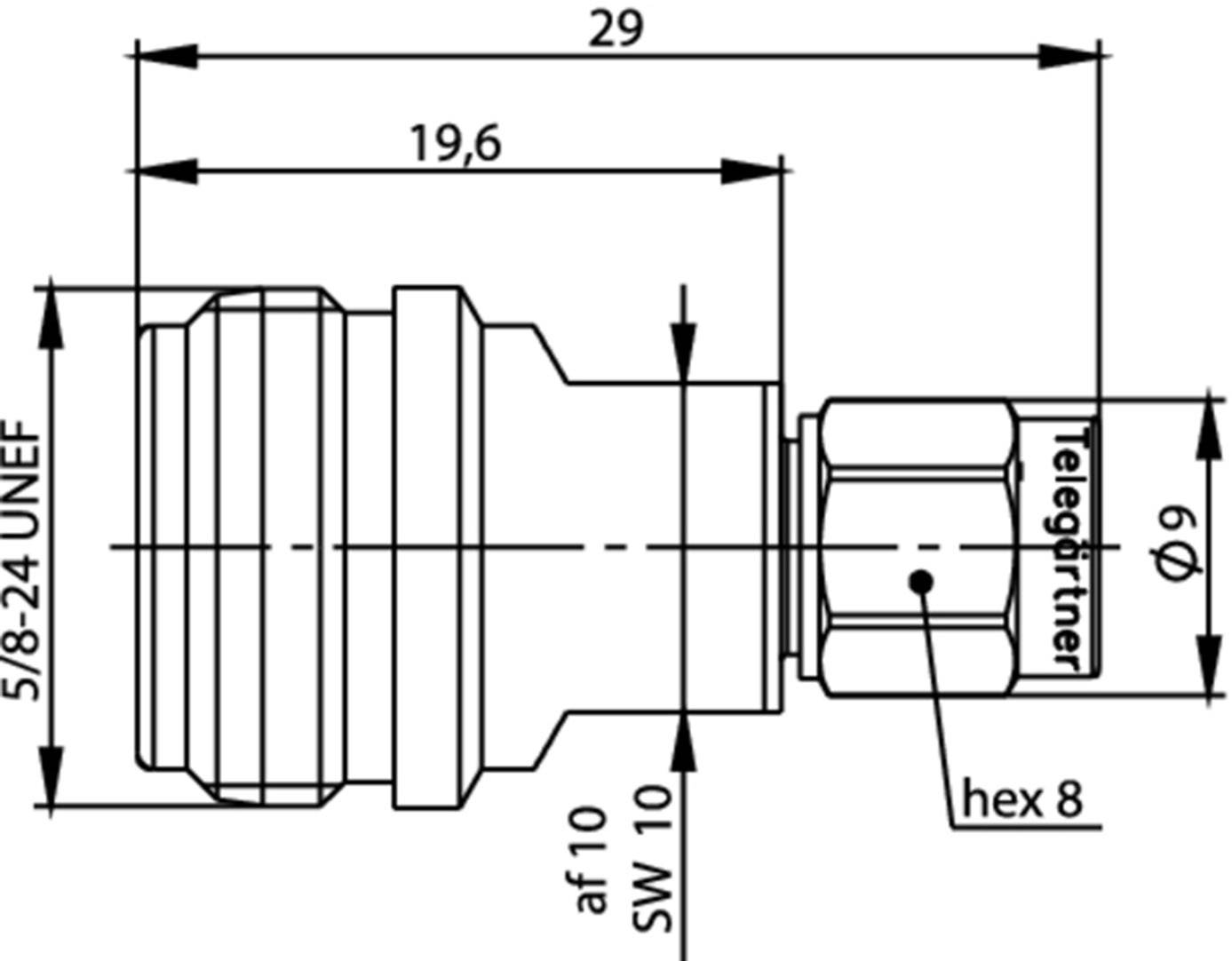 Technische Zeichnung eines Steckers mit Maßen: Länge 29 mm, Breite 19,6 mm, Gewinde 5/8-24 UNEF, Sechskant 8 mm.