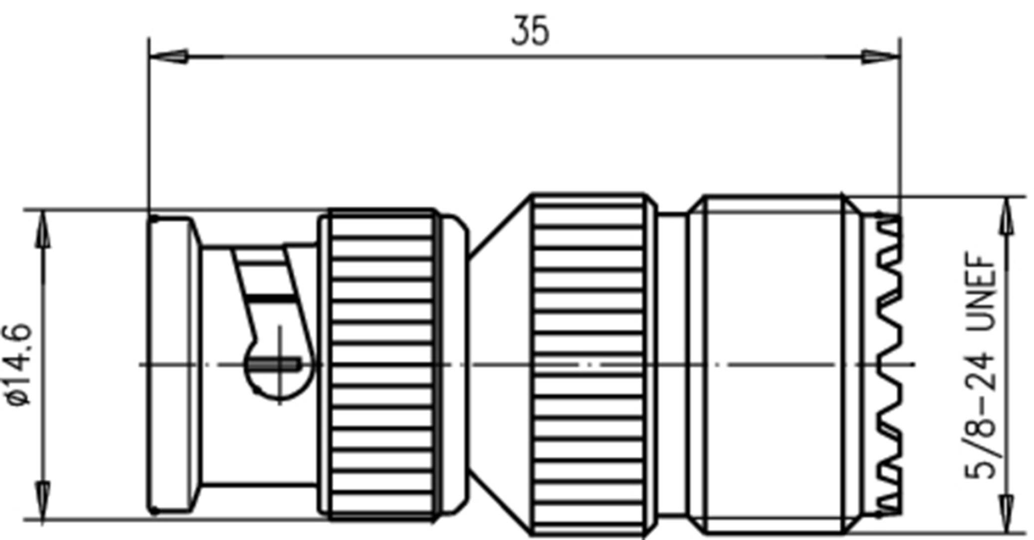 Technische Zeichnung eines Steckverbinders mit Maßen: Länge 35 mm, Durchmesser 14,6 mm, Gewinde 5/8-24 UNEF. Seitenansicht.