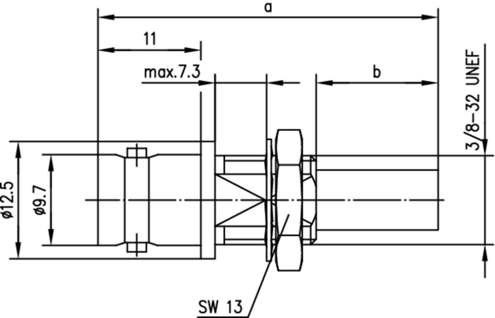 Technische Zeichnung eines Rohranschlussadapters mit Maßen. Gezeigte Dimensionen: max. 7,3 mm, Ø12,5 mm, Ø9,7 mm, SW 13, 3/8-32 UNEF.