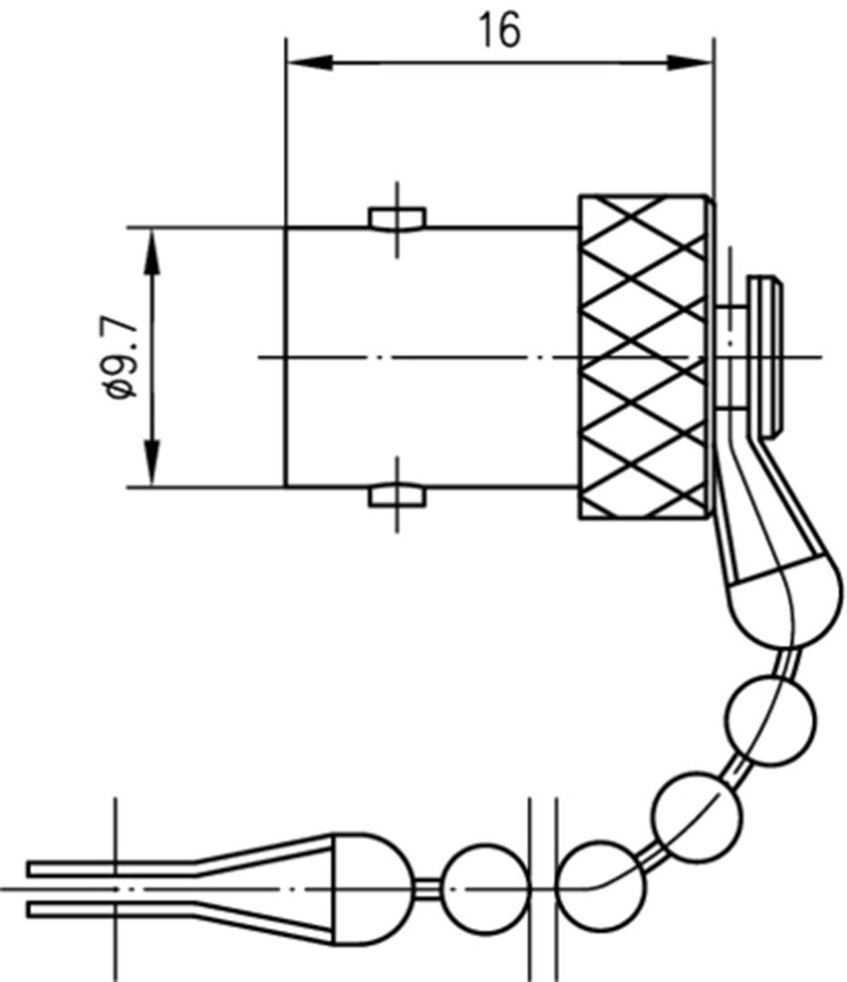 Technische Zeichnung eines Bauteils mit Bemaßung: Länge 16 mm, Durchmesser 9,7 mm. Zeigt eine Kette mit Kugeln und ein gerändeltes Rad.