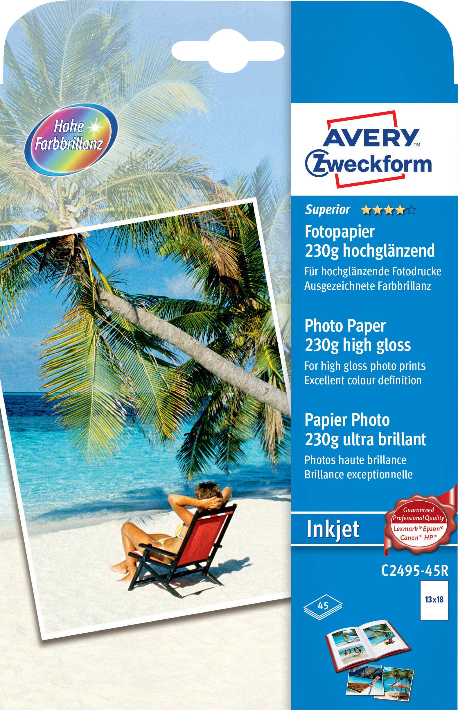 ZWECKFORM Fotopapier Avery-Zweckform Superior Photo Paper Inkjet C2495-45R 13 x 18 cm 230 g/m² 45 Bl