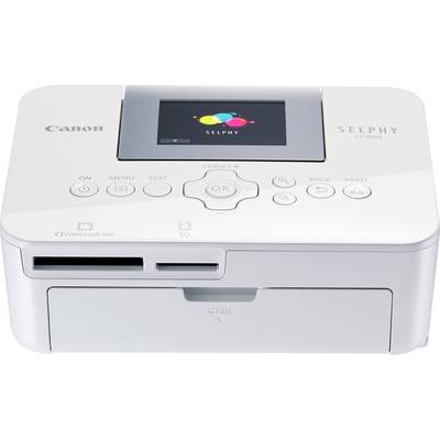Ein kompakter Fotodrucker mit Bedienfeld, Display und verschiedenen Anschlüssen für Speicherkarten. Markenname auf dem Gehäuse.