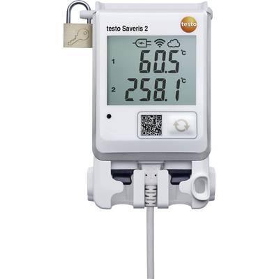 Temperaturdatenschreiber mit digitalem Display zeigt '60,5°C' und '25,8°C'. Oben rechts ist ein Symbol für WLAN angezeigt.