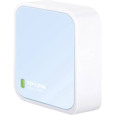 Kompakter WLAN-Router von TP-Link, Modell TL-WR802N. Weißes Gehäuse, blauer Vorderseite, grüne Statusleuchte unten links.