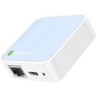 Ein weißer und blauer TP-Link WLAN-Router mit LAN-Anschluss und LED-Anzeige auf der Vorderseite.