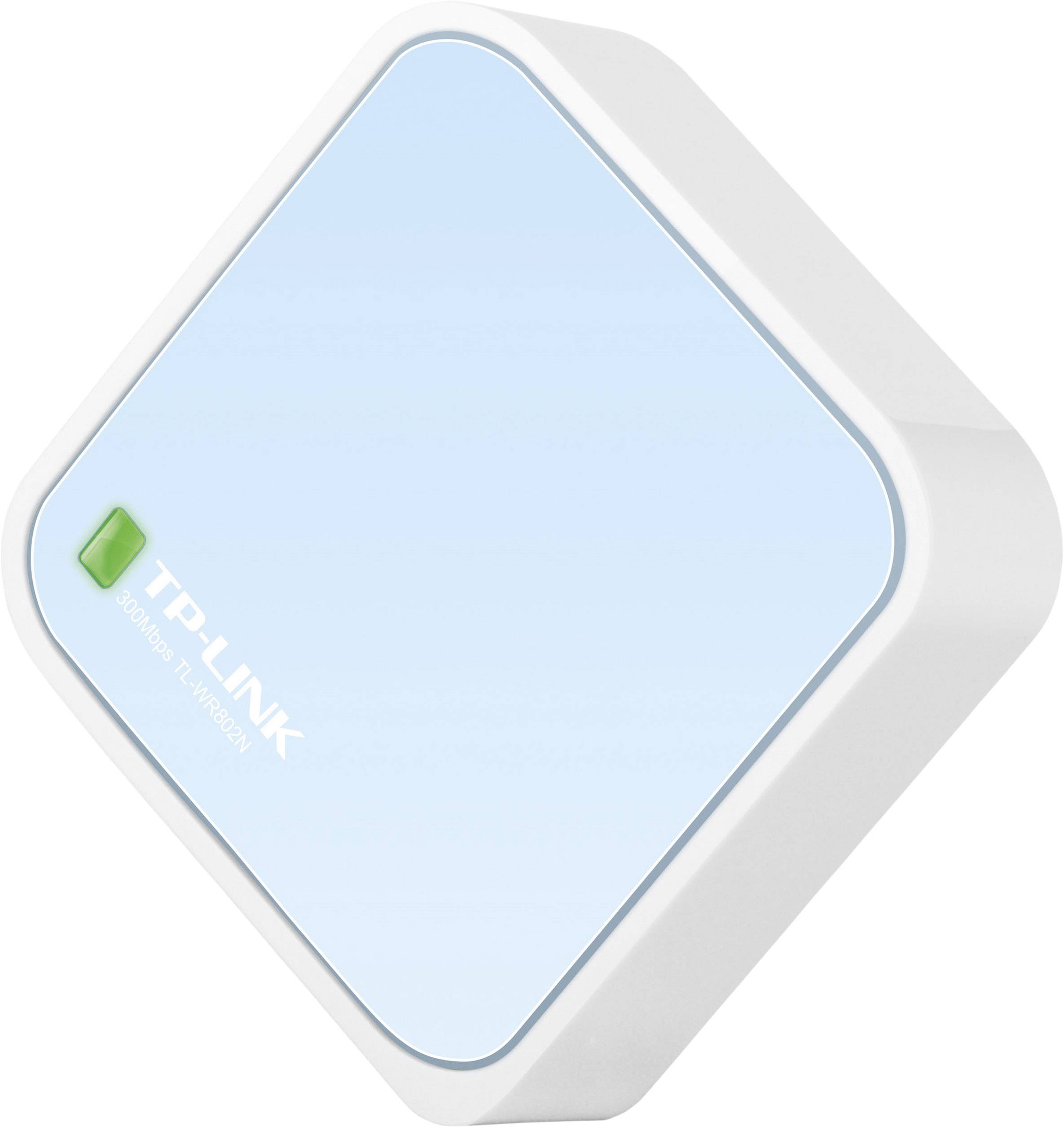 Ein weißer und blauer Mini-Router von TP-Link mit einem grünen LED-Indikator auf der Vorderseite.