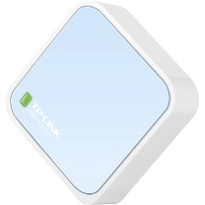 Ein weißer und blauer Mini-Router von TP-Link mit einem grünen LED-Indikator auf der Vorderseite.