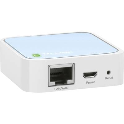 Ein TP-Link Mini-WLAN-Router mit LAN/WAN-Port, Micro-USB-Anschluss für Stromversorgung und Reset-Taste auf der Vorderseite.